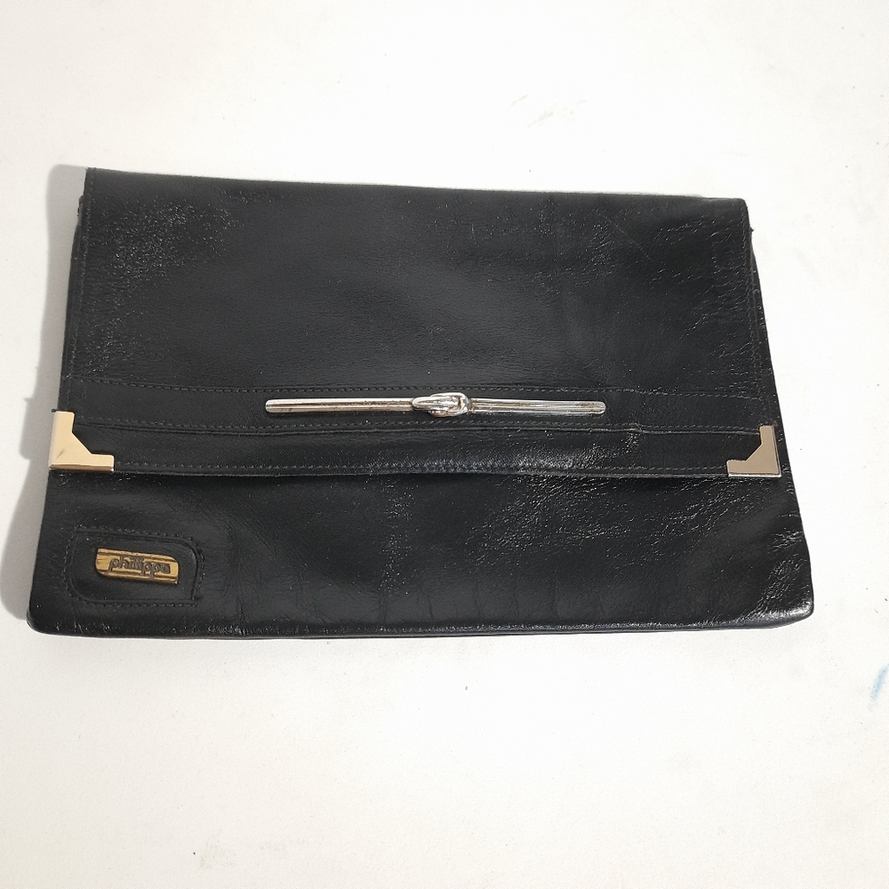 Vintage Philippe Soft Leather Black Envelope Clutch Purse Bag Suede interior